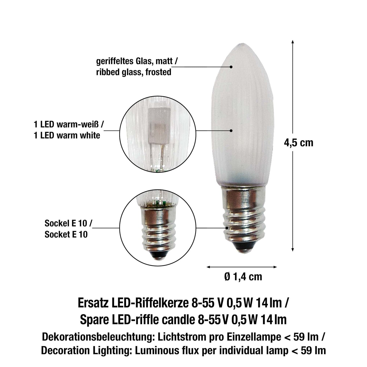 Ersatzkerzen Lichterkette LED 8-55V 0,1-0,3W für Lichterketten & Schwibbogen, 3 Stk Riffelkerzen E10 für 4-30 Brennstellen innen 913132