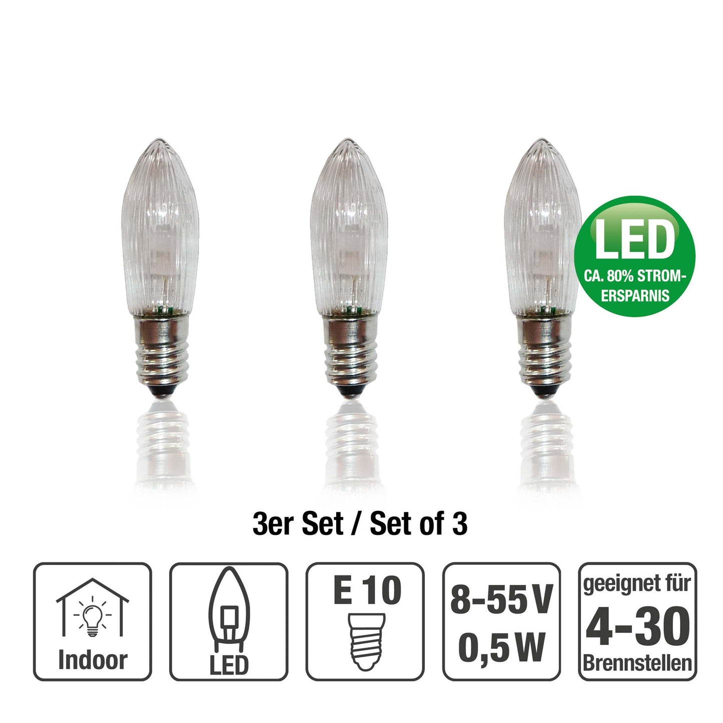Ersatzkerzen Lichterkette LED 8-55V 0,5W für Lichterketten & Schwibbogen, 3 Stk Riffelkerzen E10 für 4-30 Brennstellen innen 913231
