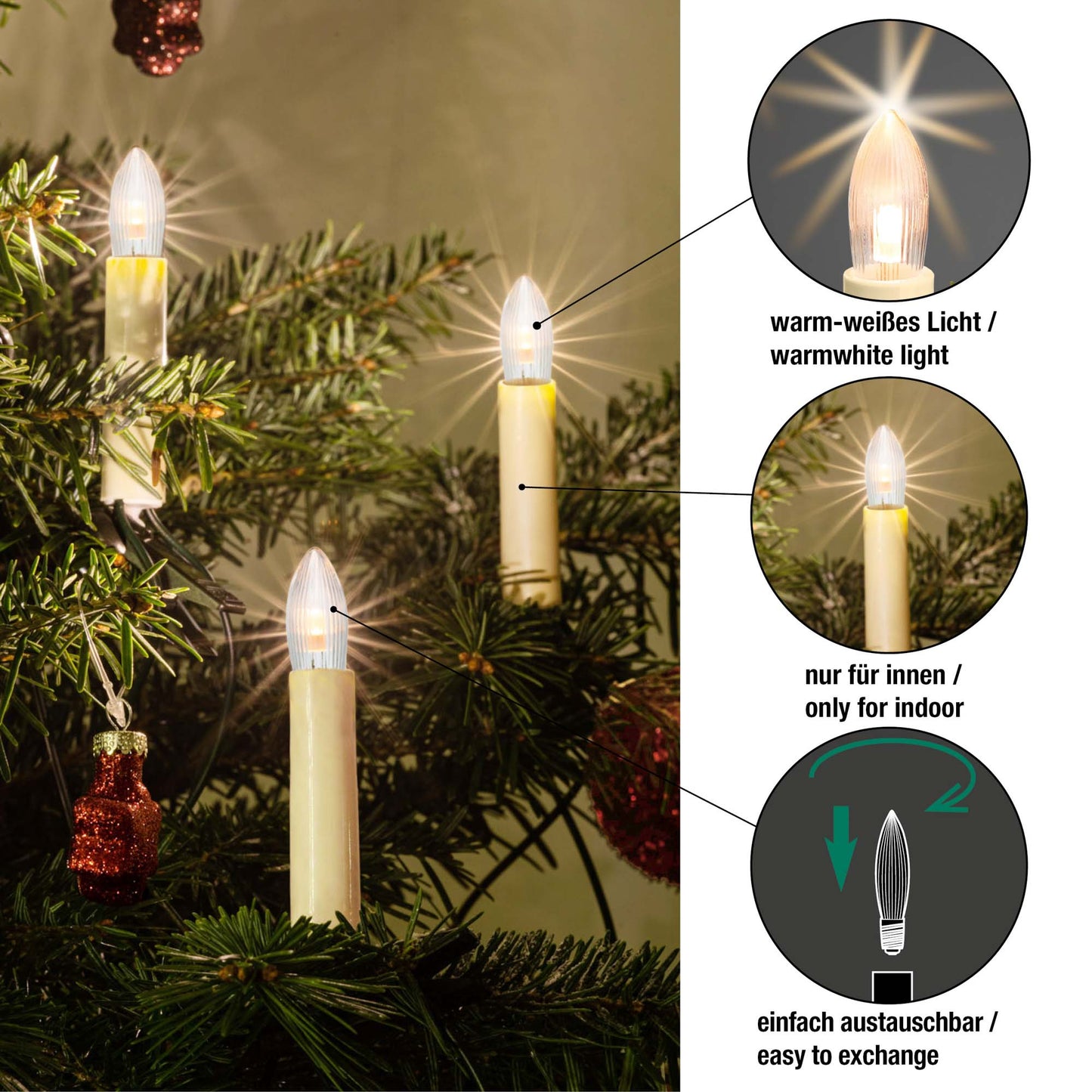 Ersatzkerzen Lichterkette LED 8-55V 0,5W für Lichterketten & Schwibbogen, 3 Stk Riffelkerzen E10 für 4-30 Brennstellen innen 913231