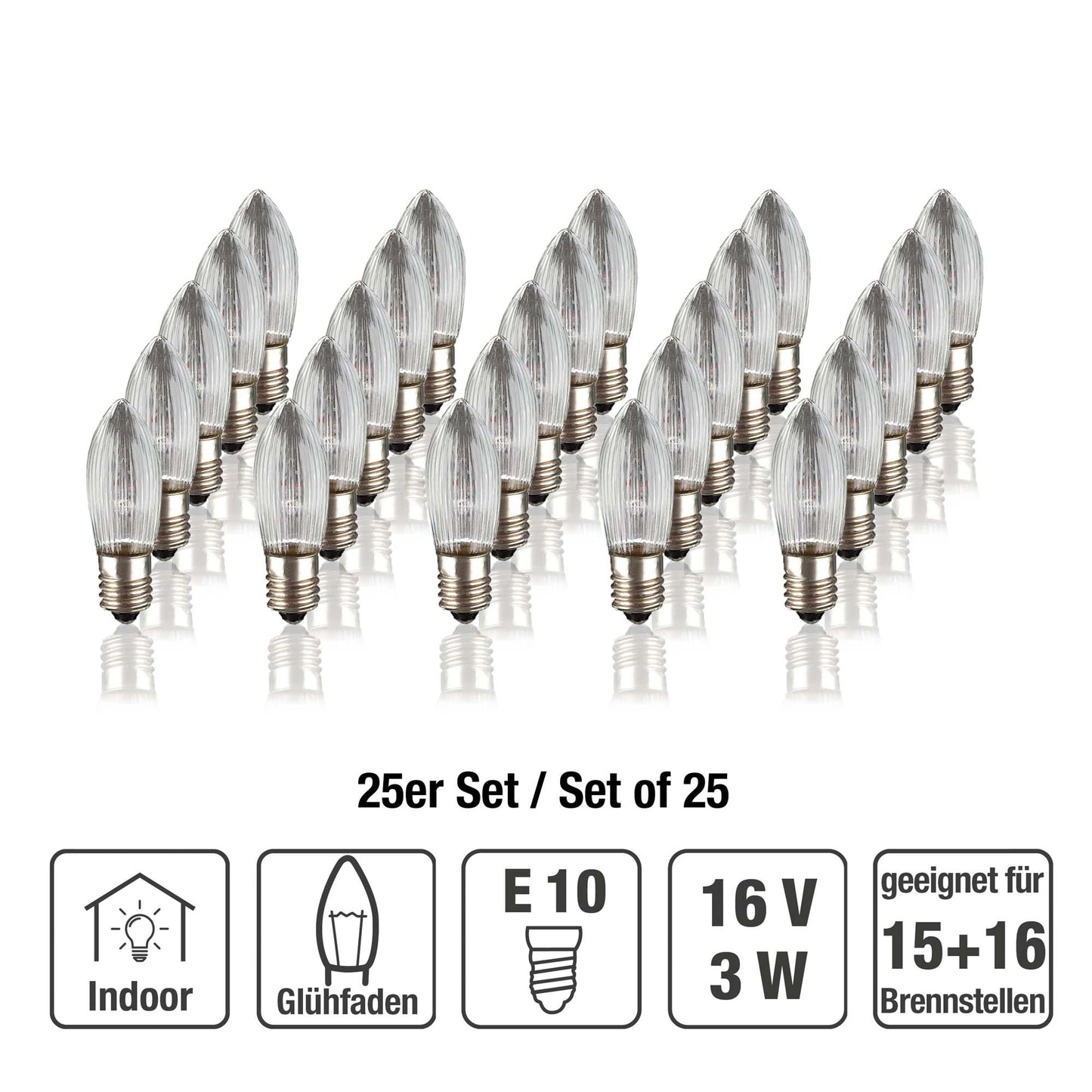 Ersatzkerzen Lichterkette 16V 3W für Lichterketten & Schwibbogen, 25 Stk Riffelkerzen E10 für 15 Brennstellen innen 914115