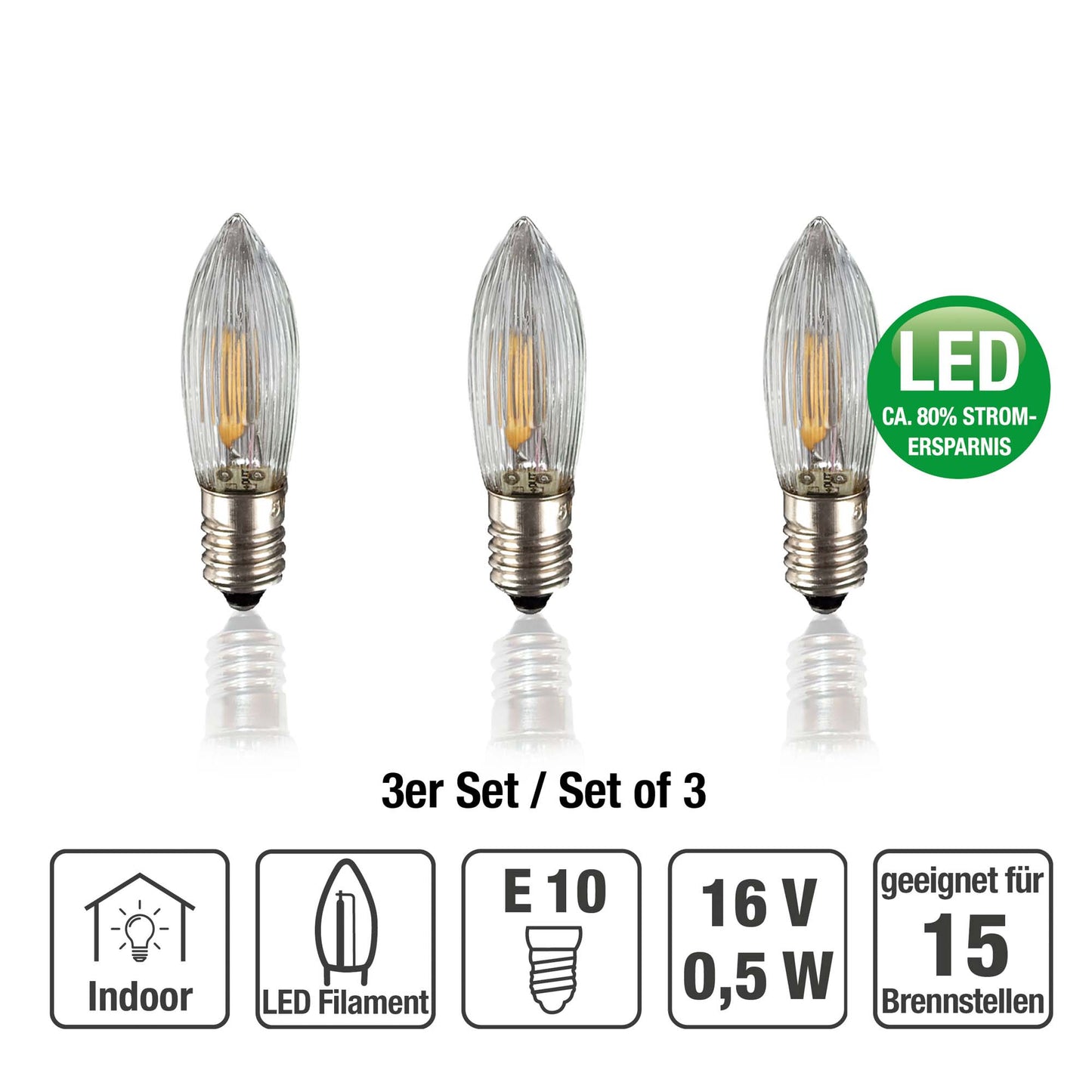 Ersatzkerzen Lichterkette LED-Filament 16V 0,5W für Lichterketten & Schwibbogen, 3 Stk Riffelkerzen E10 für 15 Brennstellen innen 914306
