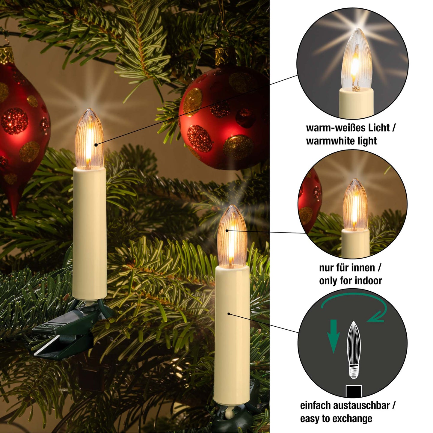 Ersatzkerzen Lichterkette LED-Filament 16V 0,5W für Lichterketten & Schwibbogen, 3 Stk Riffelkerzen E10 für 15 Brennstellen innen 914306