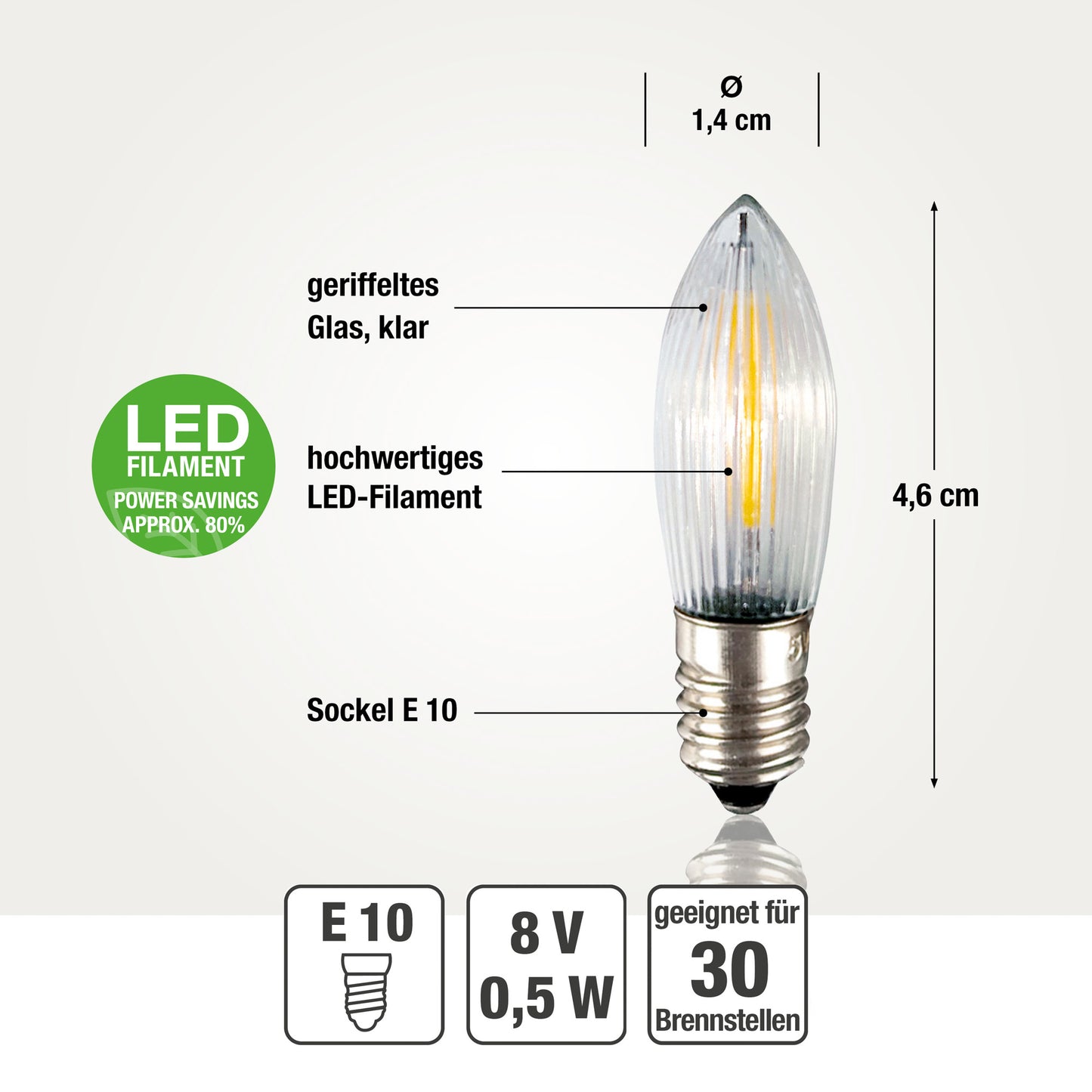 Ersatzkerzen Lichterkette LED-Filament 8V 0,5W für Lichterketten & Schwibbogen, 5 Stk Riffelkerzen E10 für 30 Brennstellen innen 914313