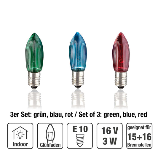 Riffelkerze, farbig sortiert, 16 V / 3 W, 3er Blister