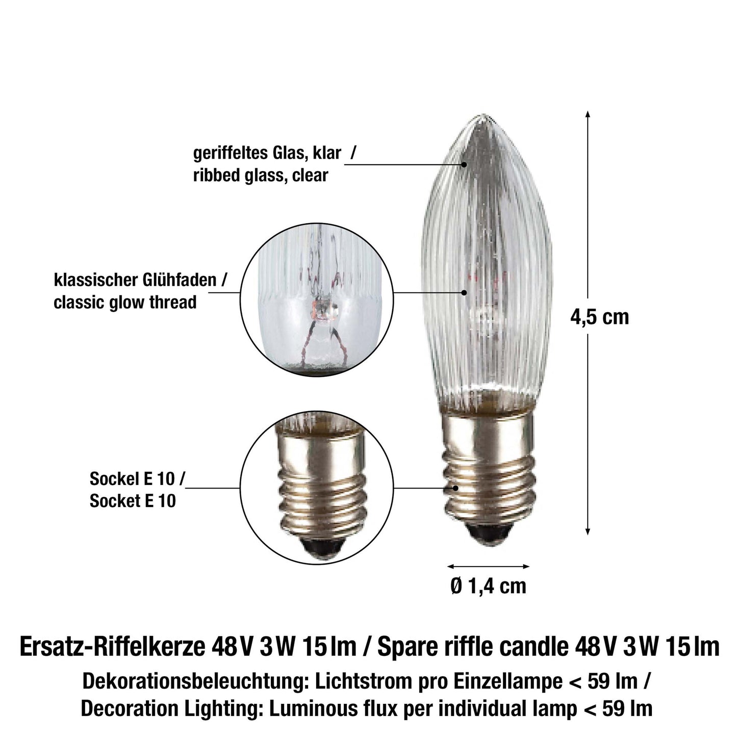 Ersatzkerzen Lichterkette 48V 3W für Lichterketten & Schwibbogen, 3 Stk Riffelkerzen E10 für 5 Brennstellen innen 915136