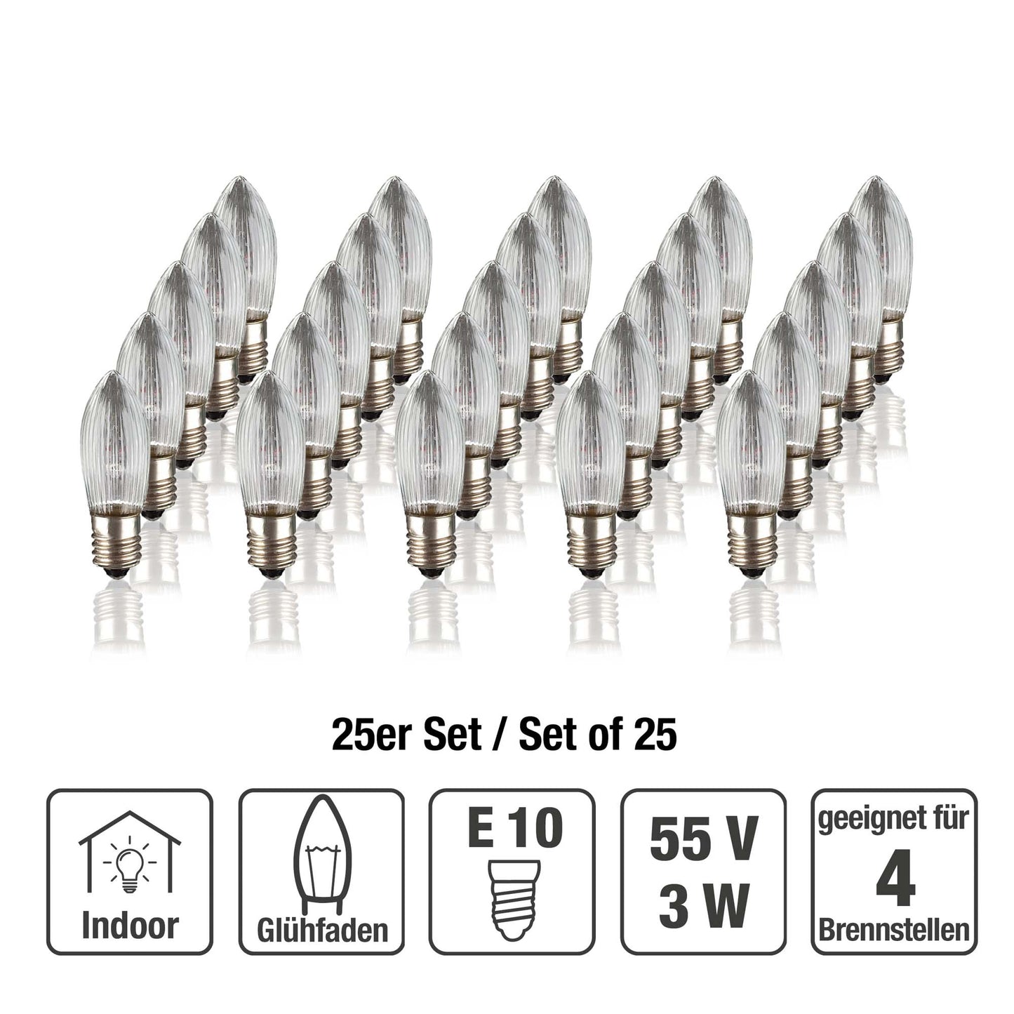 Ersatzkerzen Lichterkette 55V 3W für Lichterketten & Schwibbogen, 25 Stk Riffelkerzen E10 für 4 Brennstellen innen 916119