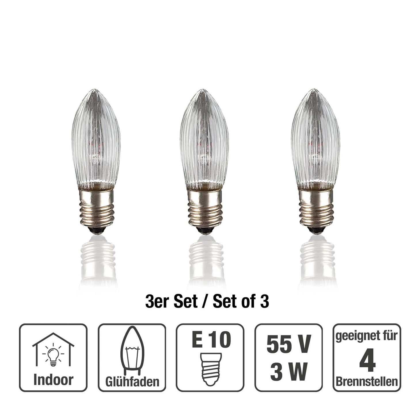Ersatzkerzen Lichterkette 55V 3W für Lichterketten & Schwibbogen, 3 Stk Riffelkerzen E10 für 4 Brennstellen innen 916133