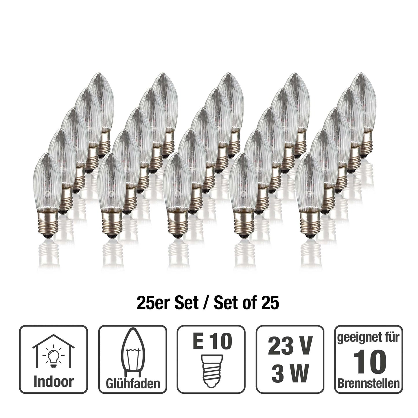 Ersatzkerzen Lichterkette 23V 3W für Lichterketten & Schwibbogen, 25 Stk Riffelkerzen E10 für 10 Brennstellen innen 918113