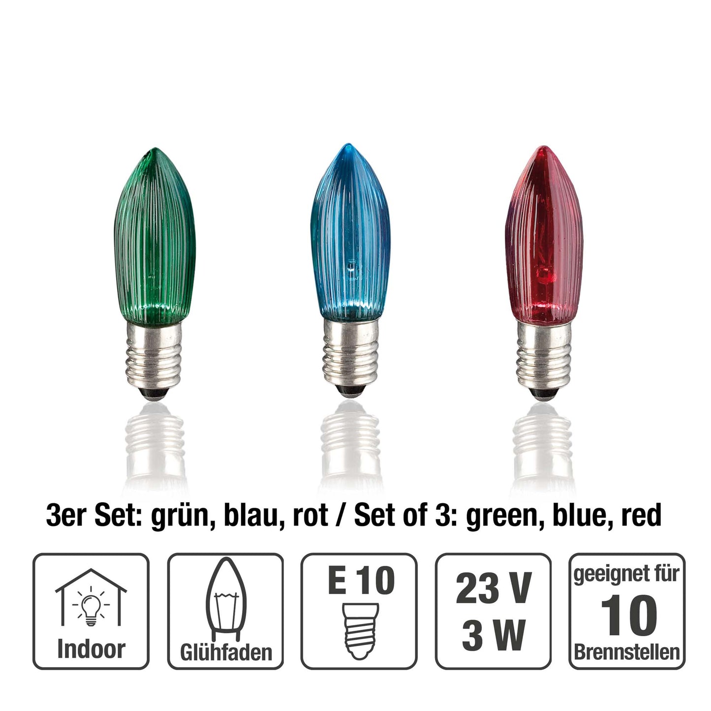 Ersatzkerzen Lichterkette 23V 3W für Lichterketten & Schwibbogen, 3 Stk Riffelkerzen E10 für 10 Brennstellen innen 918731