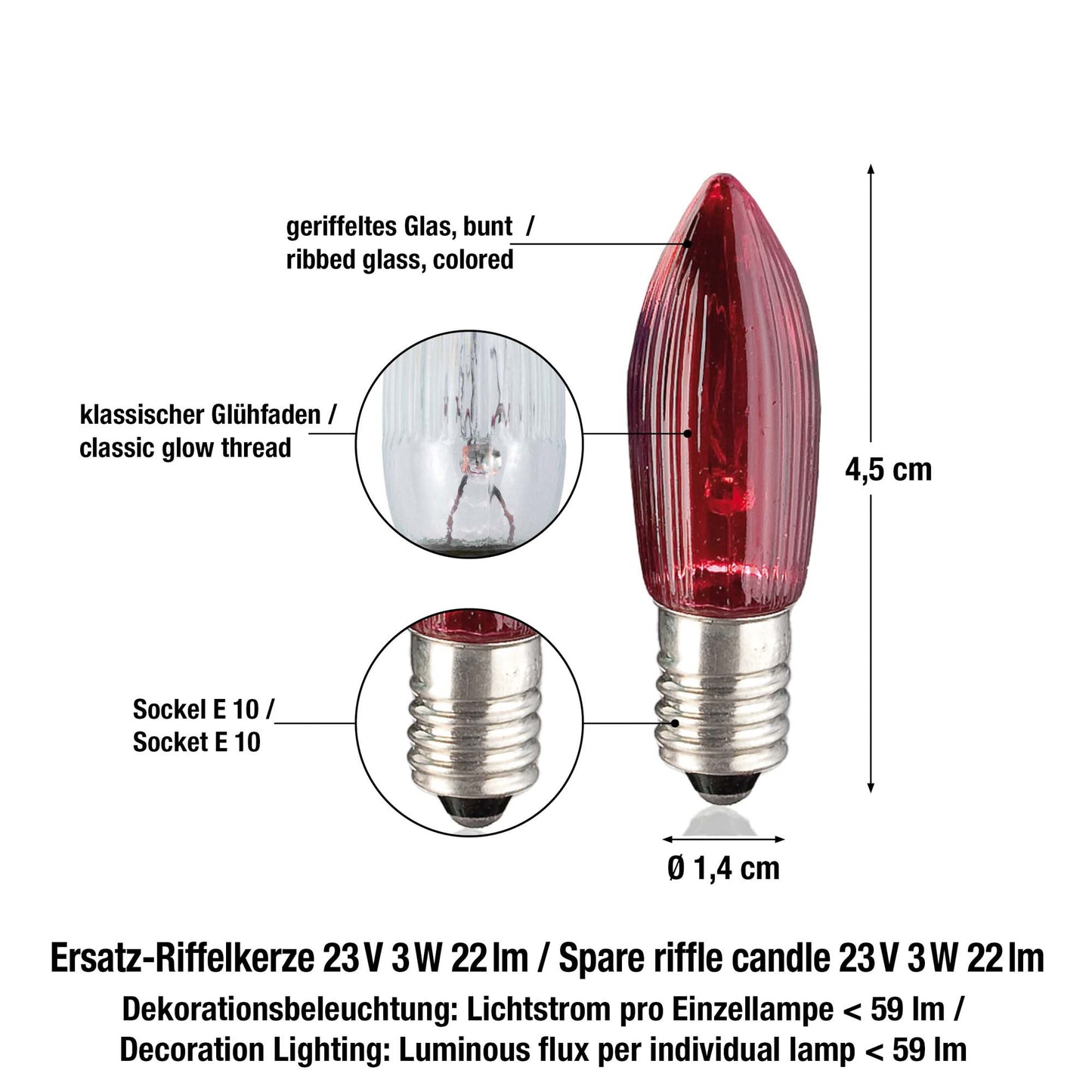 Ersatzkerzen Lichterkette 23V 3W für Lichterketten & Schwibbogen, 3 Stk Riffelkerzen E10 für 10 Brennstellen innen 918731