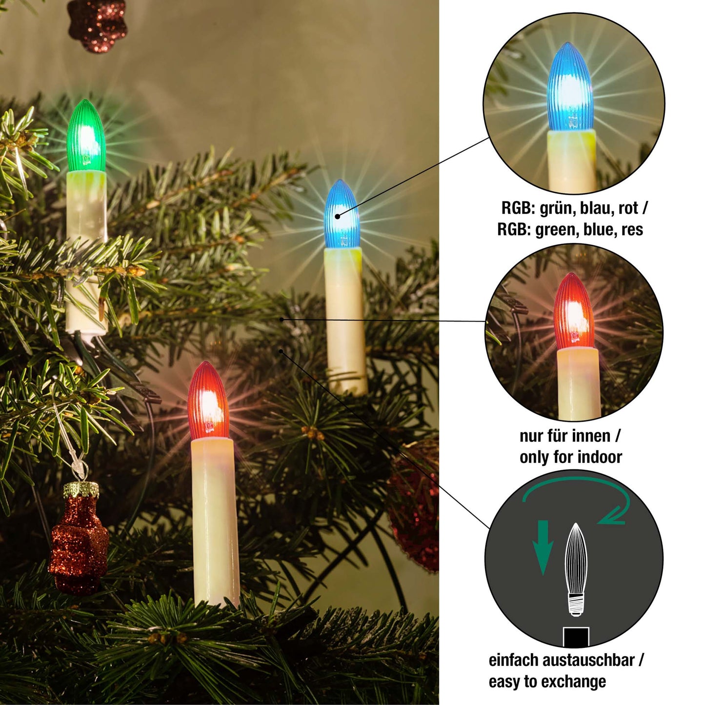Ersatzkerzen Lichterkette 23V 3W für Lichterketten & Schwibbogen, 3 Stk Riffelkerzen E10 für 10 Brennstellen innen 918731
