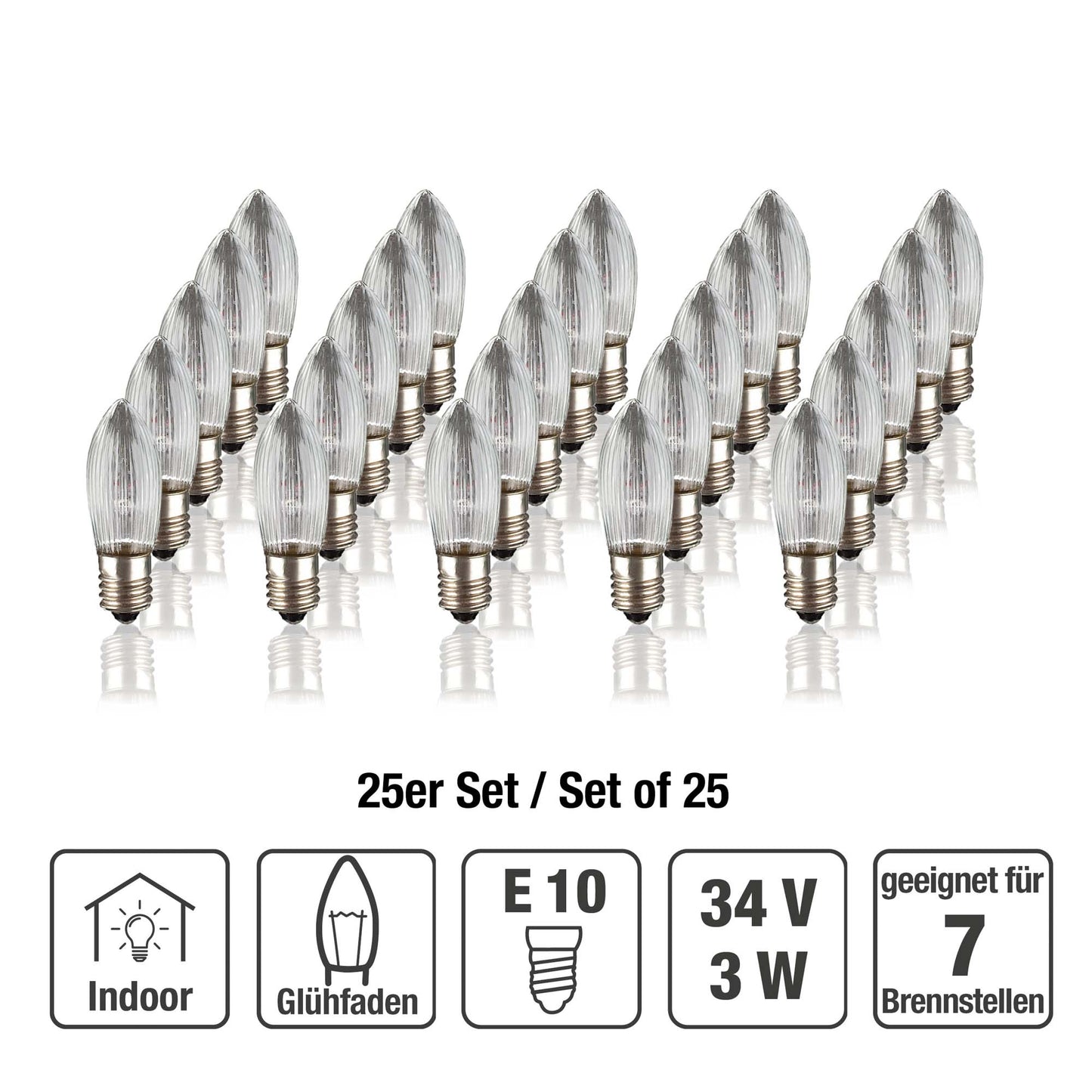 Ersatzkerzen Lichterkette 34V 3W für Lichterketten & Schwibbogen, 25 Stk Riffelkerzen E10 für 7 Brennstellen innen 919110