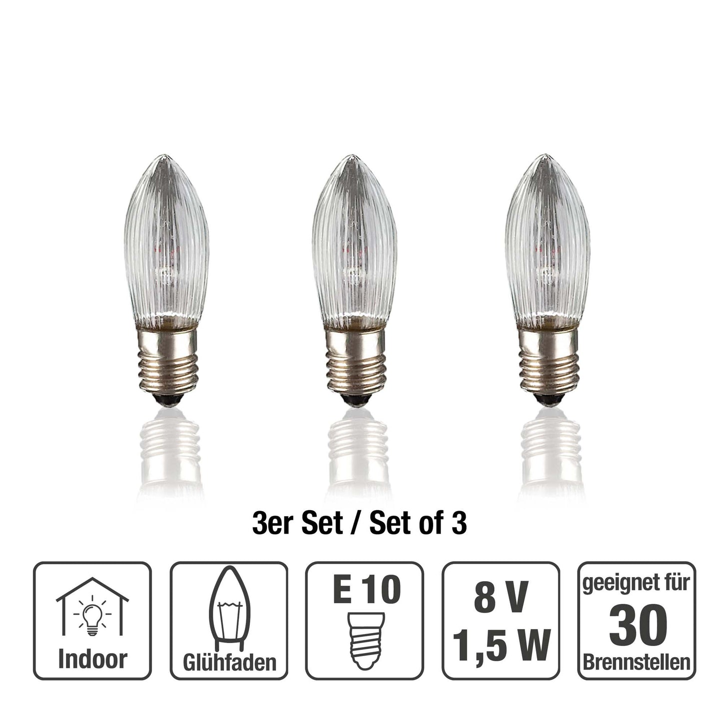 Ersatzkerzen Lichterkette 8V 1,5W für Lichterketten & Schwibbogen, 3 Stk Riffelkerzen E10 für 30 Brennstellen innen 919219