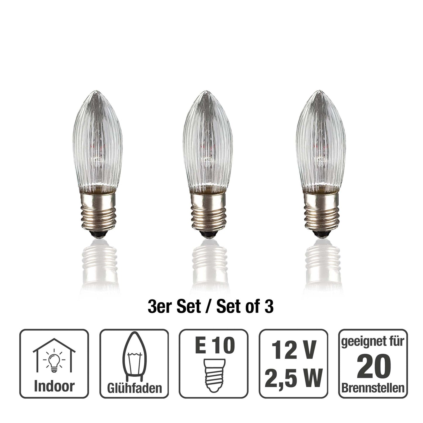 Ersatzkerzen Lichterkette 12V 2,5W für Lichterketten & Schwibbogen, 3 Stk Riffelkerzen E10 für 20 Brennstellen innen 919233