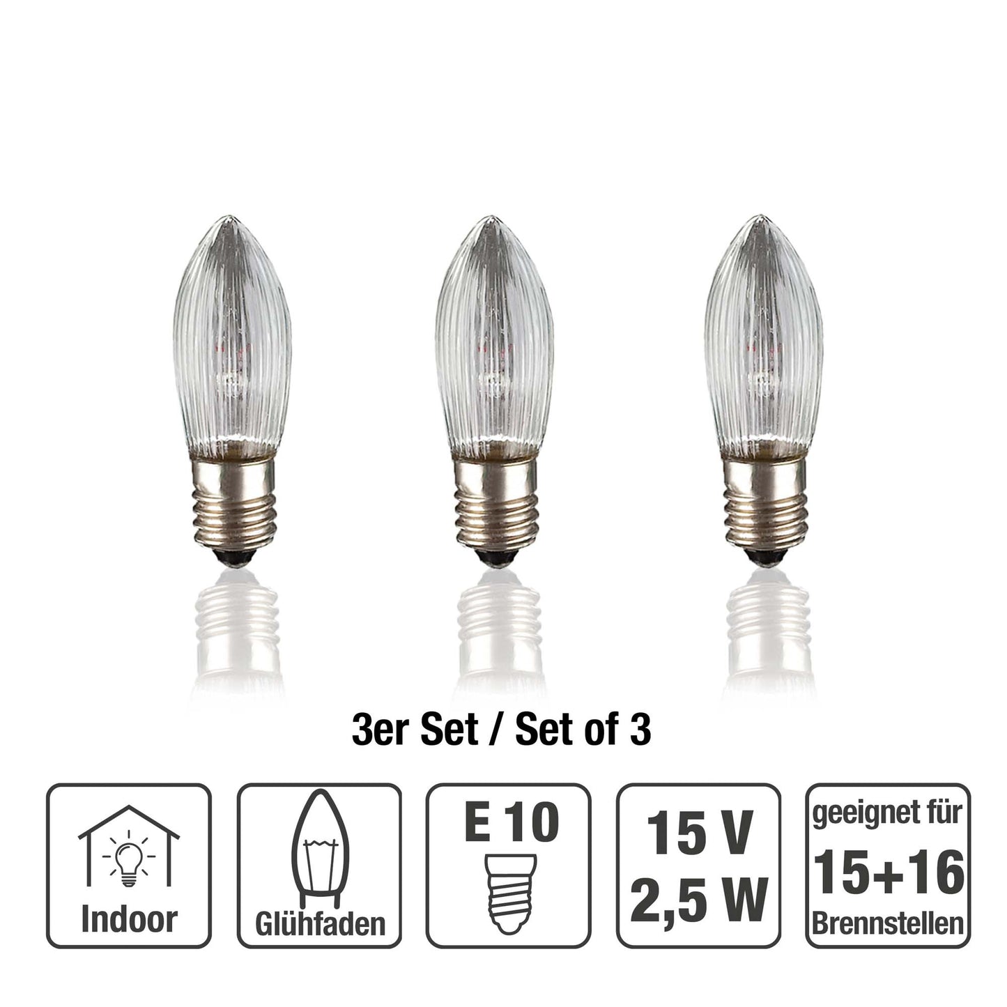 Ersatzkerzen Lichterkette 15V 2,5W für Lichterketten & Schwibbogen, 3 Stk Riffelkerzen E10 für 16 Brennstellen innen 919257