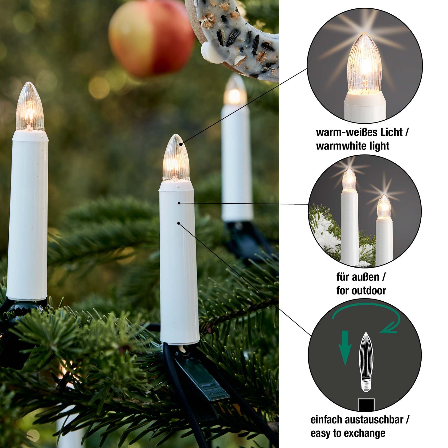 Ersatzkerzen Lichterkette 8V 3W für Lichterketten & Schwibbogen, 3 Stk Riffelkerzen E10 für 30 Brennstellen innen & außen 920000