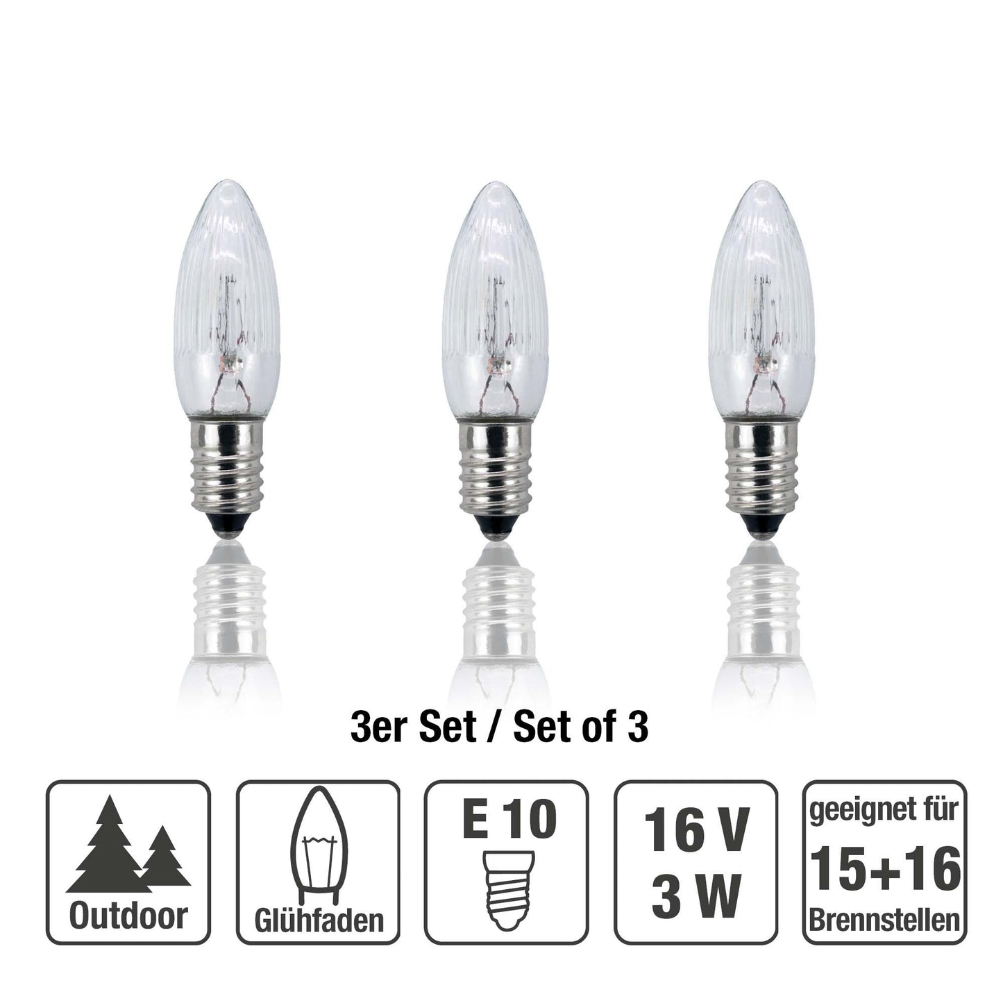 Ersatzkerzen Lichterkette 16V 3W für Lichterketten & Schwibbogen, 3 Stk Riffelkerzen E10 für 15 Brennstellen innen & außen 920031
