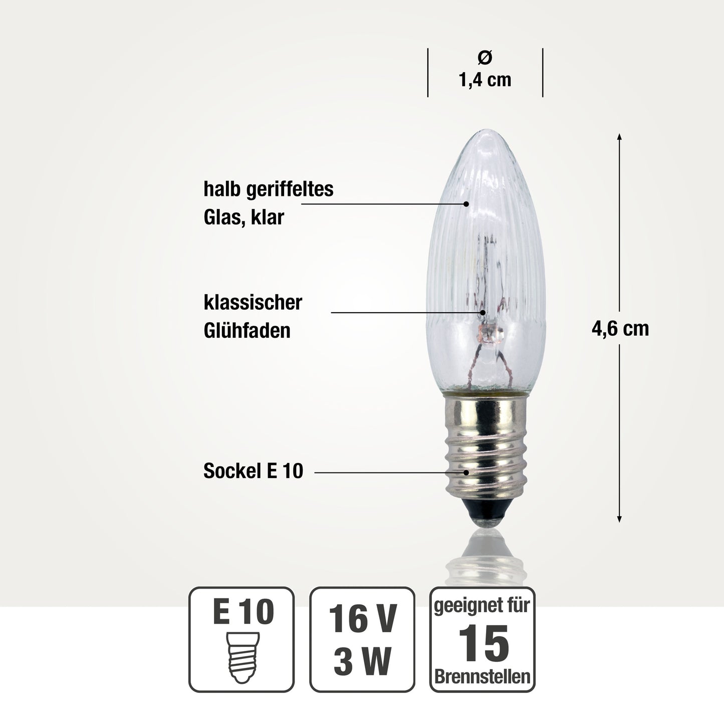 Ersatzkerzen Lichterkette 16V 3W für Lichterketten & Schwibbogen, 3 Stk Riffelkerzen E10 für 15 Brennstellen innen & außen 920031