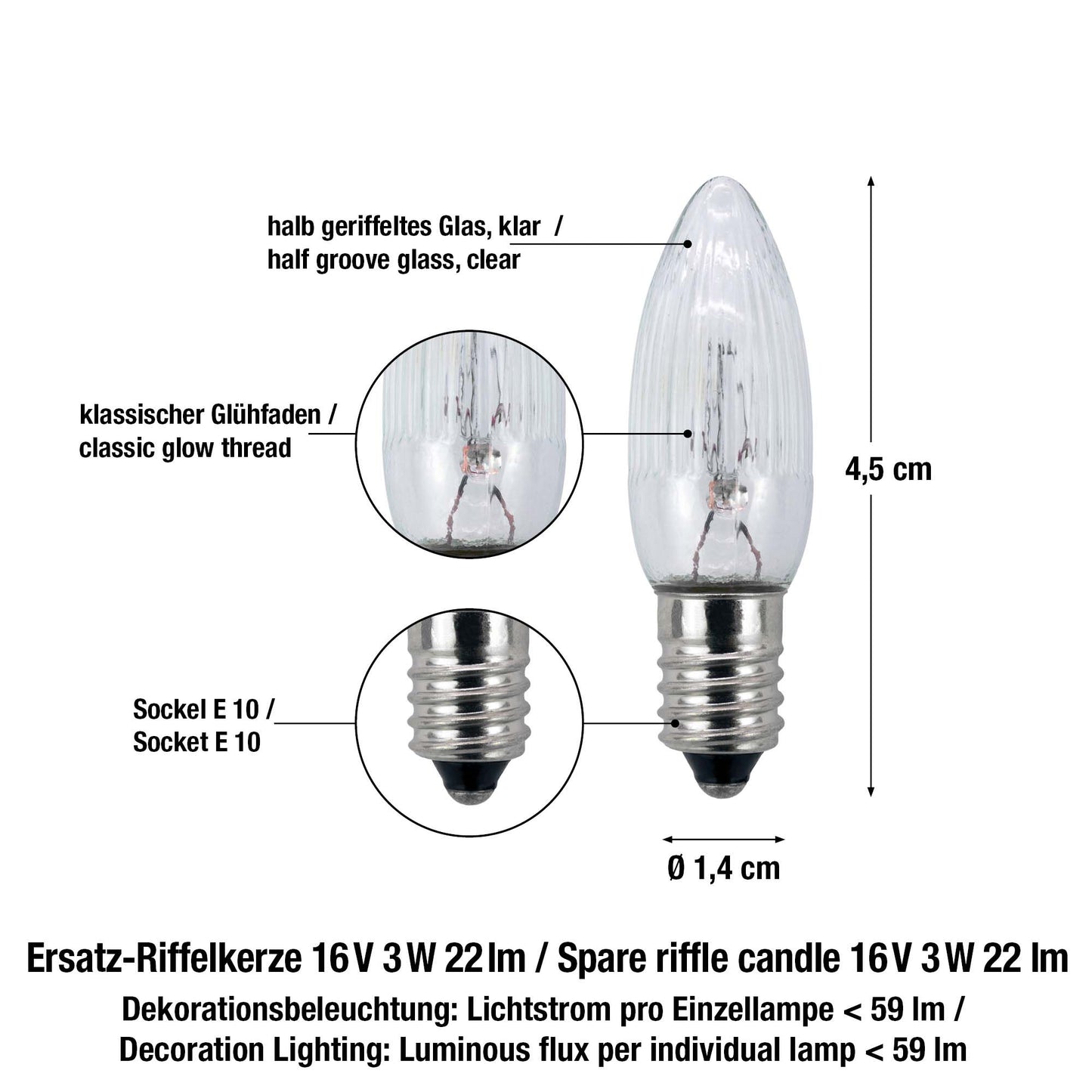 Ersatzkerzen Lichterkette 16V 3W für Lichterketten & Schwibbogen, 3 Stk Riffelkerzen E10 für 15 Brennstellen innen & außen 920031