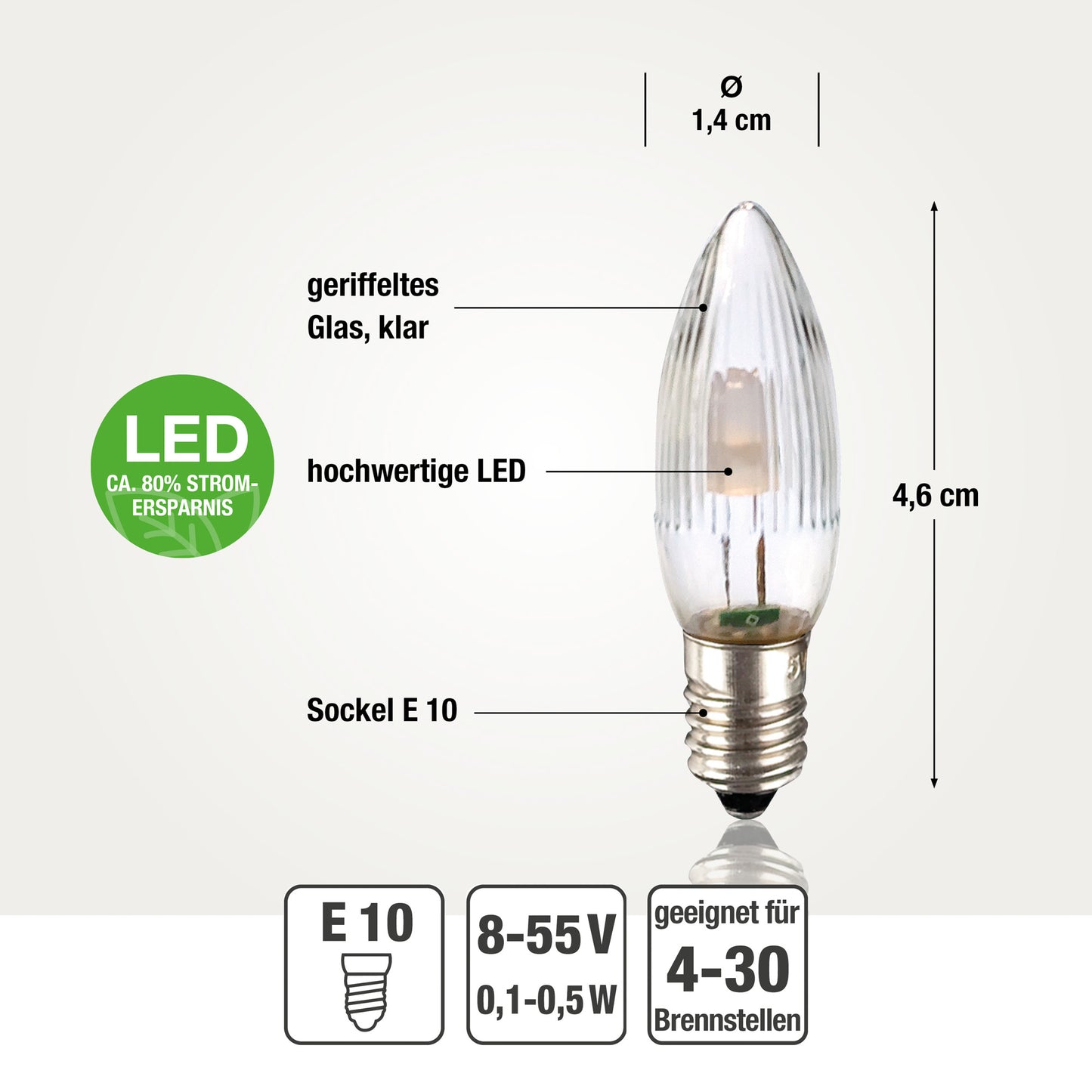 Ersatzkerzen Lichterkette LED 8-55V 0,1-0,5W für Lichterketten & Schwibbogen, 3 Stk Riffelkerzen E10 für innen & außen 920055