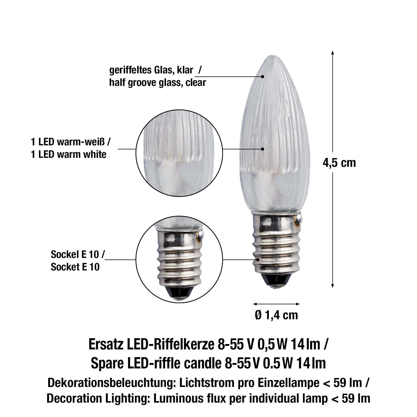 LED-Riffelkerze, warm-weiß, klare Kerze,  8 - 55 V, E10, 3er Blister