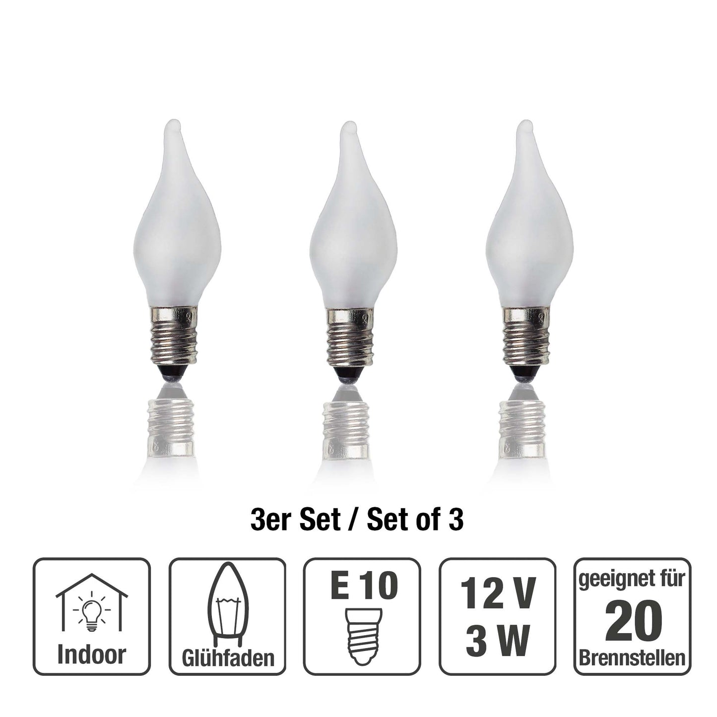 Ersatzkerzen Lichterkette 12V 3W für Lichterketten & Schwibbogen, 3 Stk Riffelkerzen E10 für 20 Brennstellen innen & außen 921533