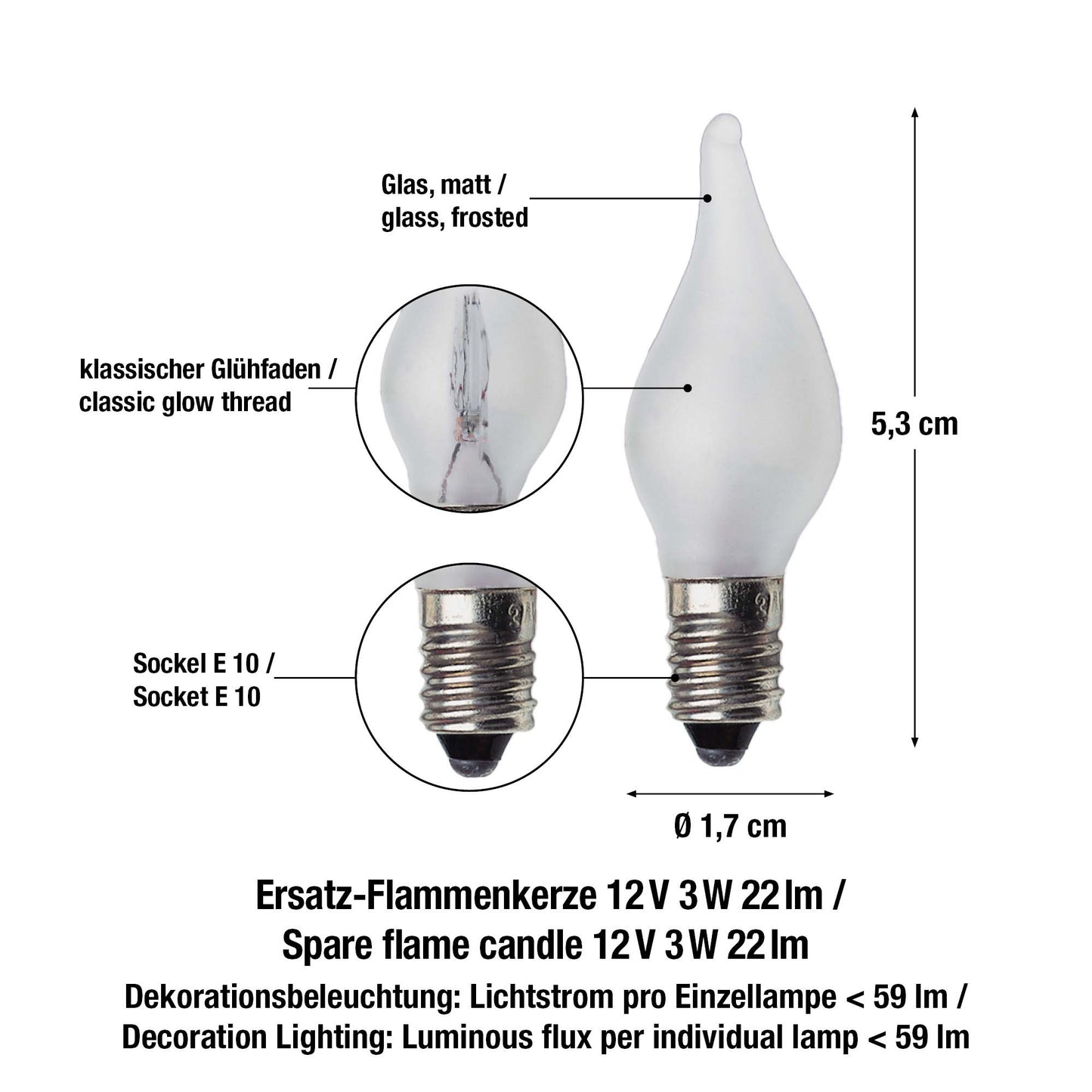 Ersatzkerzen Lichterkette 12V 3W für Lichterketten & Schwibbogen, 3 Stk Riffelkerzen E10 für 20 Brennstellen innen & außen 921533