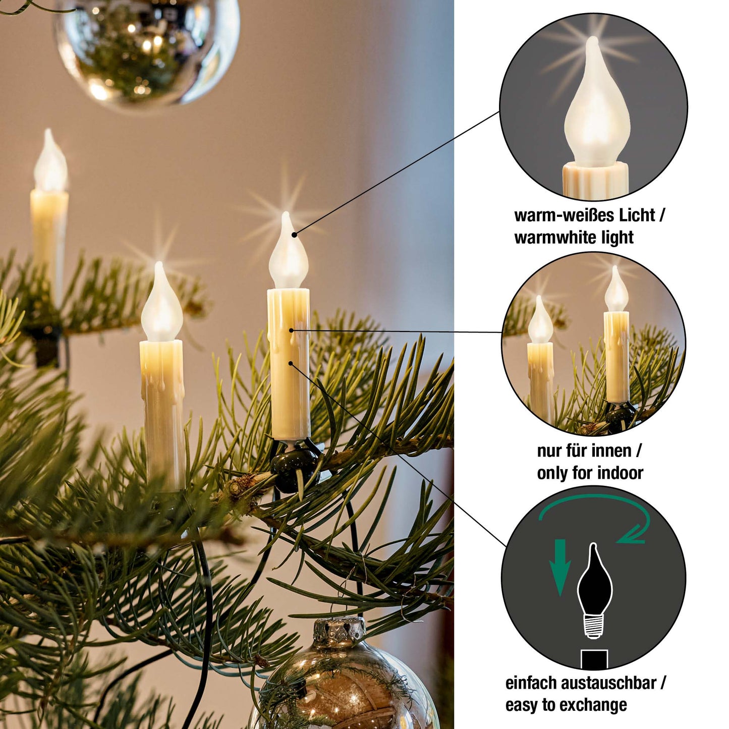 Ersatzkerzen Lichterkette 12V 3W für Lichterketten & Schwibbogen, 3 Stk Riffelkerzen E10 für 20 Brennstellen innen & außen 921533