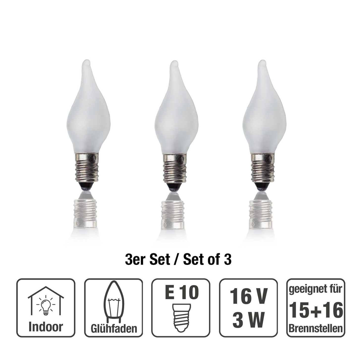 Ersatzkerzen Lichterkette 16V 3W für Lichterketten & Schwibbogen, 3 Stk Riffelkerzen E10 für 15 Brennstellen innen & außen 922035