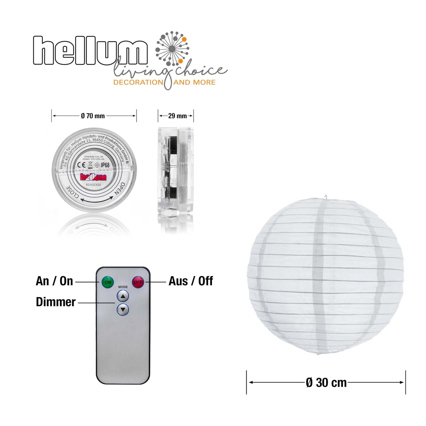 3 Stück/Set, Hellum LED-Lampion weiß, warm-weiße LED, dimmbar, mit Fernbedienung, batteriebetrieben