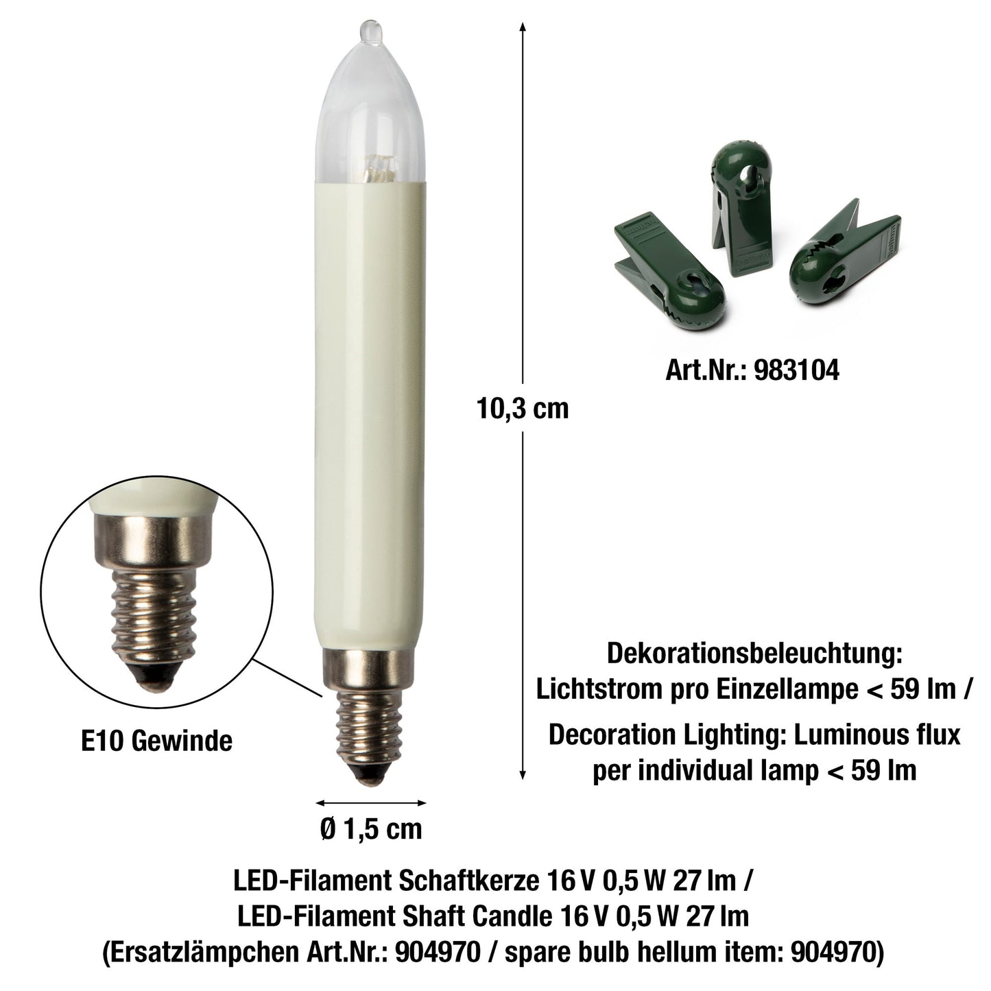 LED-Filament Schaftkerzenkette 15 LEDs ww, für innen, teilbarer Stecker