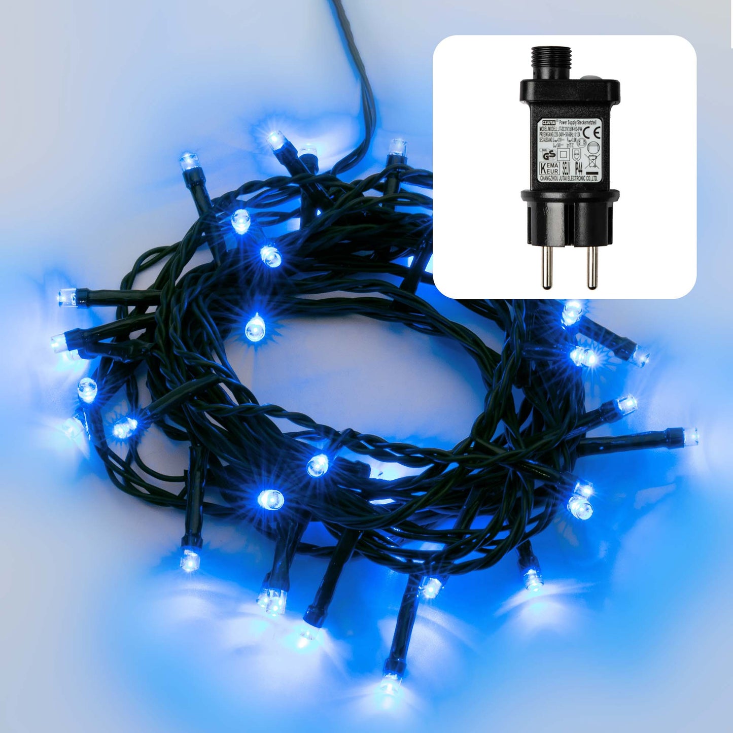 LED-Lichterkette, 80 LEDs blau, optionaler Timer, Außen-Transformator