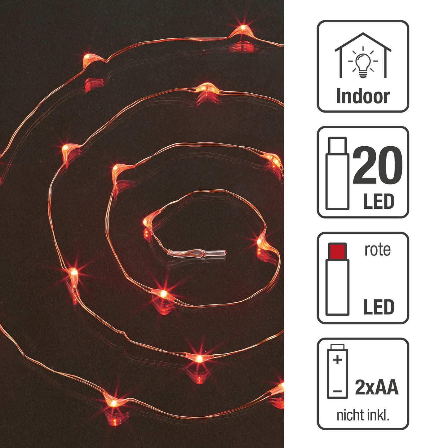 LED-Lichterkette, Kupferkabel, 20 LEDs rot, batteriebetrieben