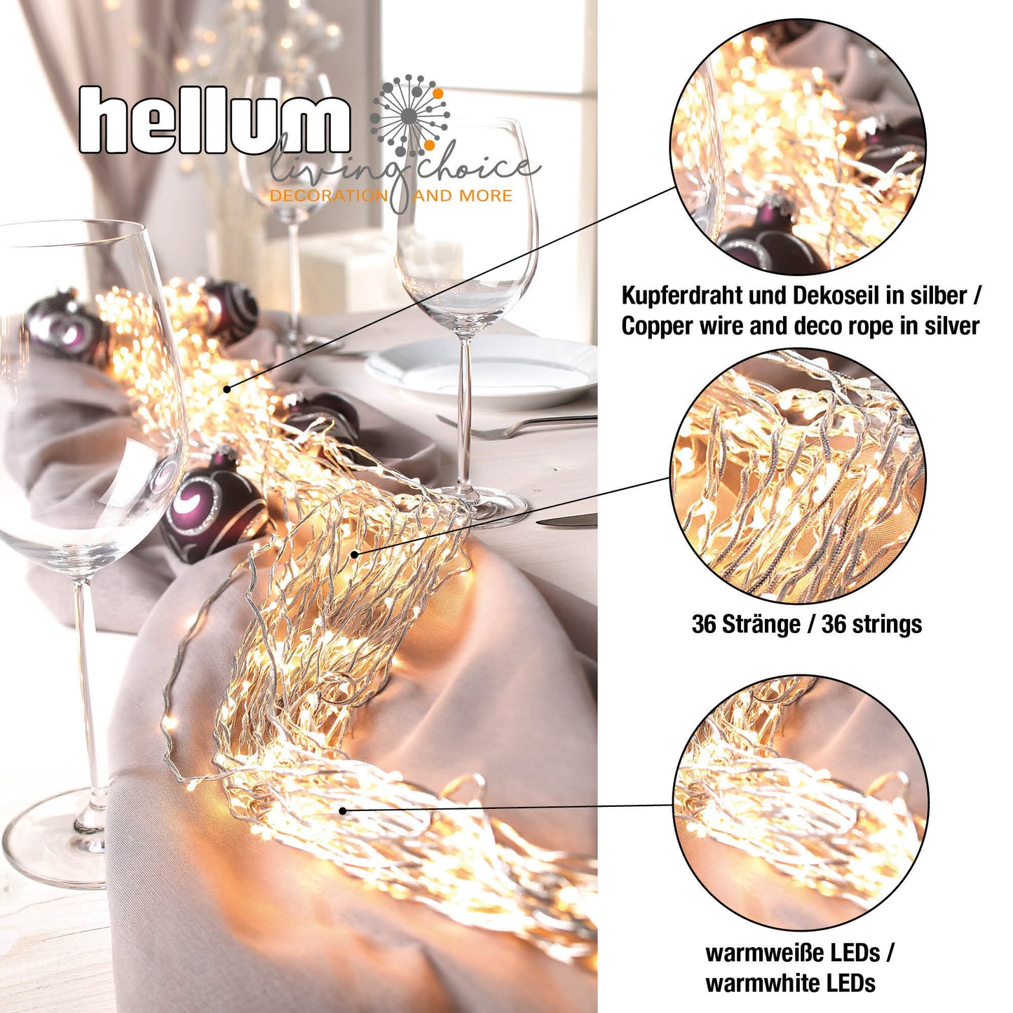 720-tlg. LED-Girlande,warm-weiß, 36 Stränge, gedreht mit silbernem Seil, Außen-Trafo