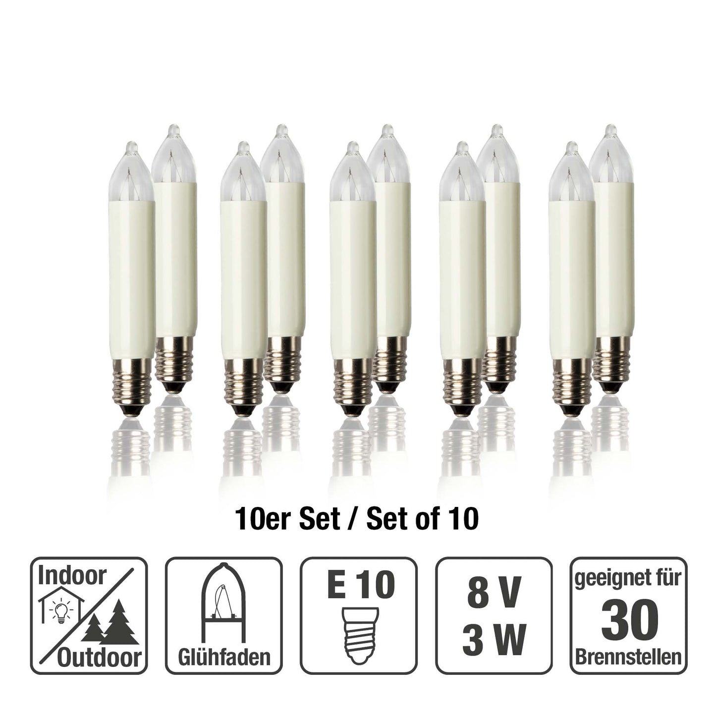 Ersatzkerzen Lichterkette 8V 3W für Lichterketten & Schwibbogen, 10Stk Kleinschaftkerzen E10 für 30 Brennstellen innen & außen 932010