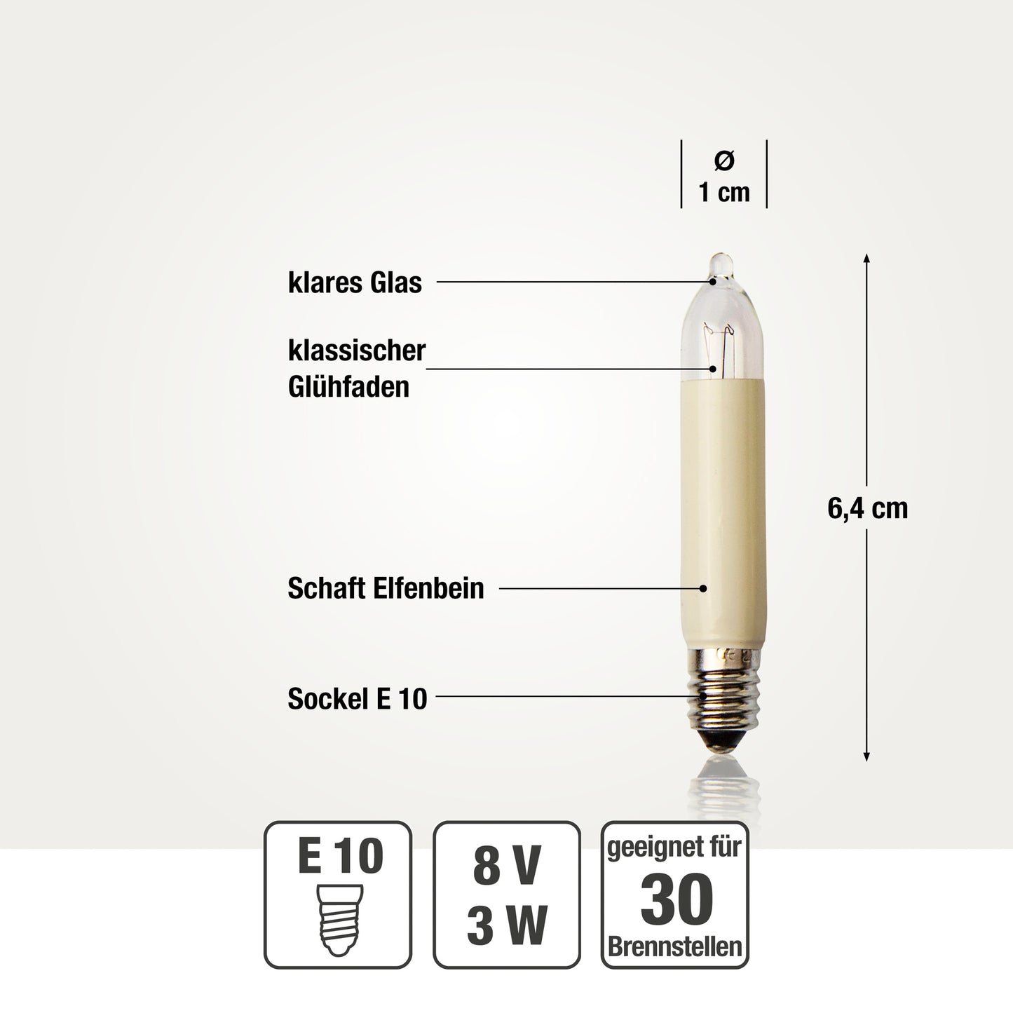 Ersatzkerzen Lichterkette 8V 3W für Lichterketten & Schwibbogen, 10Stk Kleinschaftkerzen E10 für 30 Brennstellen innen & außen 932010