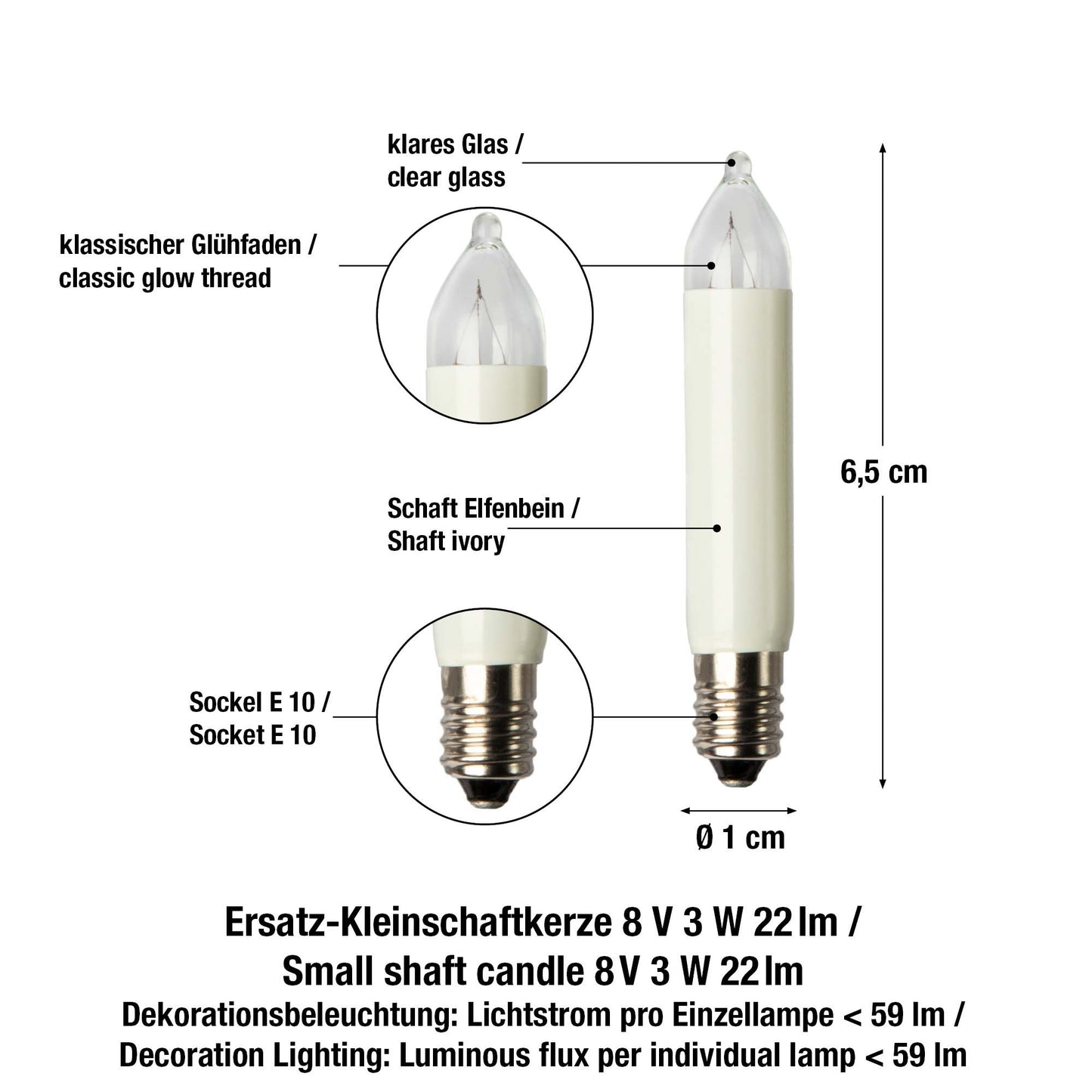 Ersatzkerzen Lichterkette 8V 3W für Lichterketten & Schwibbogen, 10Stk Kleinschaftkerzen E10 für 30 Brennstellen innen & außen 932010