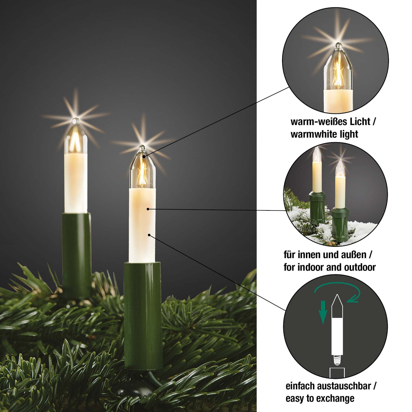 Ersatzkerzen Lichterkette 8V 3W für Lichterketten & Schwibbogen, 10Stk Kleinschaftkerzen E10 für 30 Brennstellen innen & außen 932010