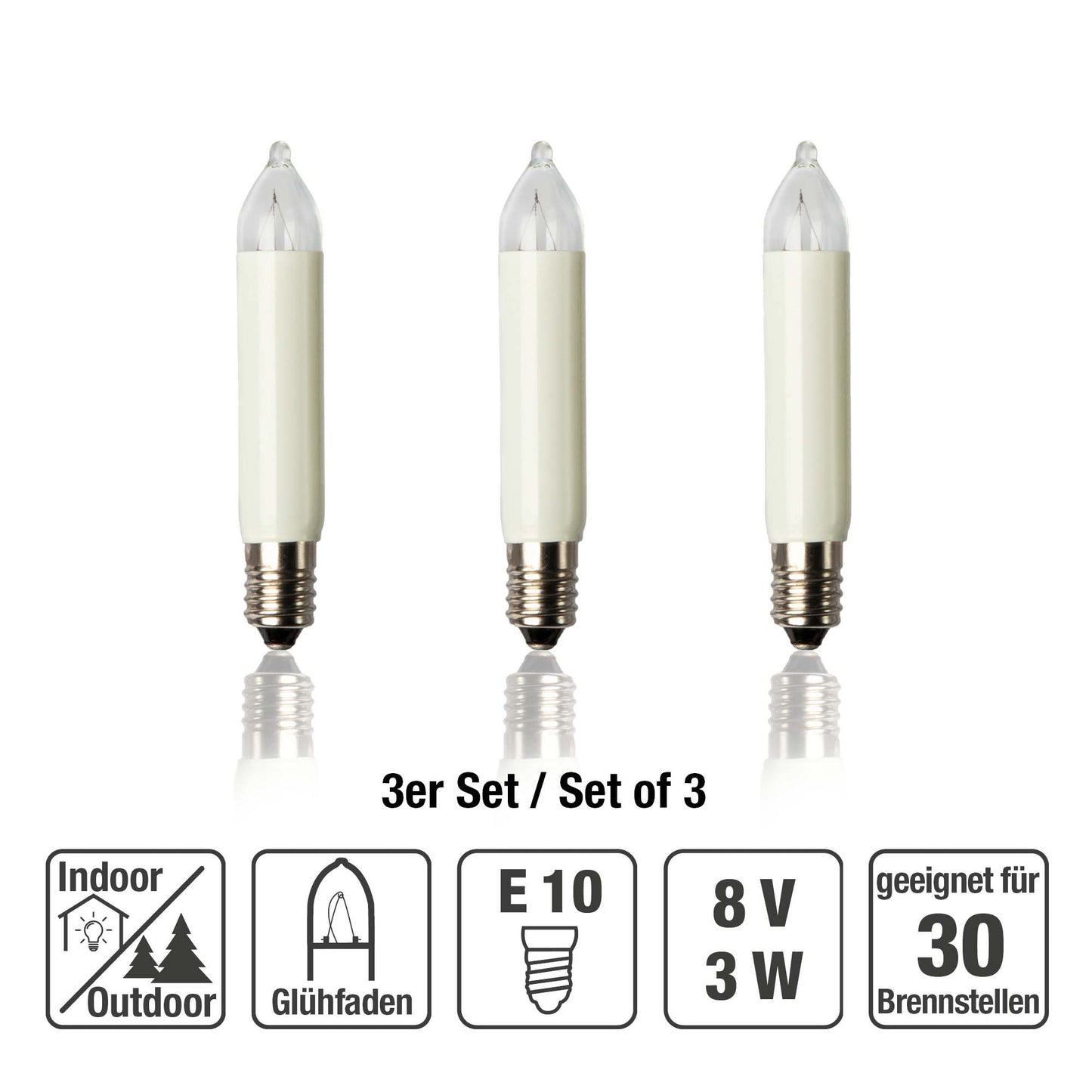 Ersatzkerzen Lichterkette 8V 3W für Lichterketten & Schwibbogen, 3 Stk Kleinschaftkerzen E10 für 30 Brennstellen innen & außen 932034
