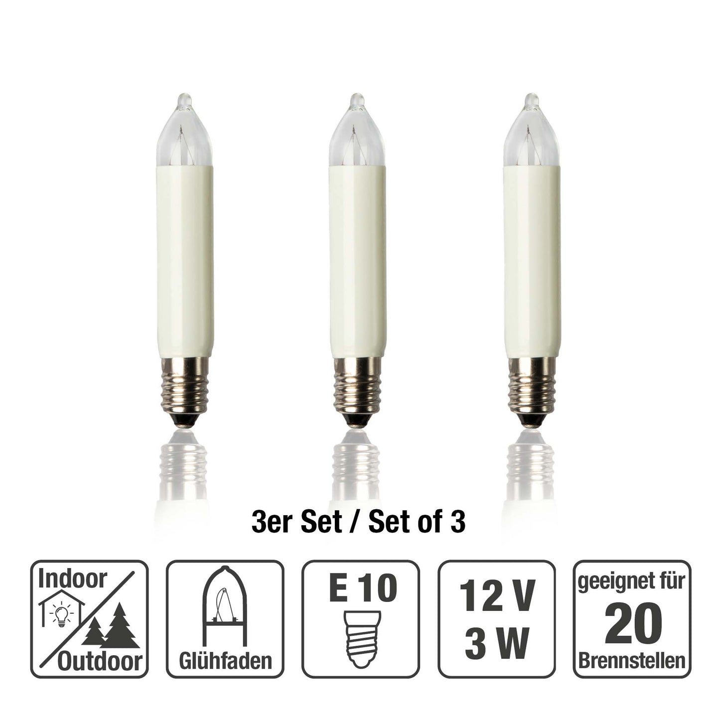Ersatzkerzen Lichterkette 12V 3W für Lichterketten & Schwibbogen, 3 Stk Kleinschaftkerzen E10 für 20 Brennstellen innen & außen 933031