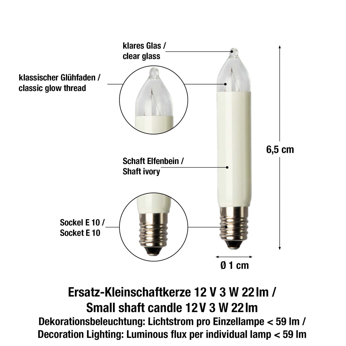 Ersatzkerzen Lichterkette 12V 3W für Lichterketten & Schwibbogen, 3 Stk Kleinschaftkerzen E10 für 20 Brennstellen innen & außen 933031