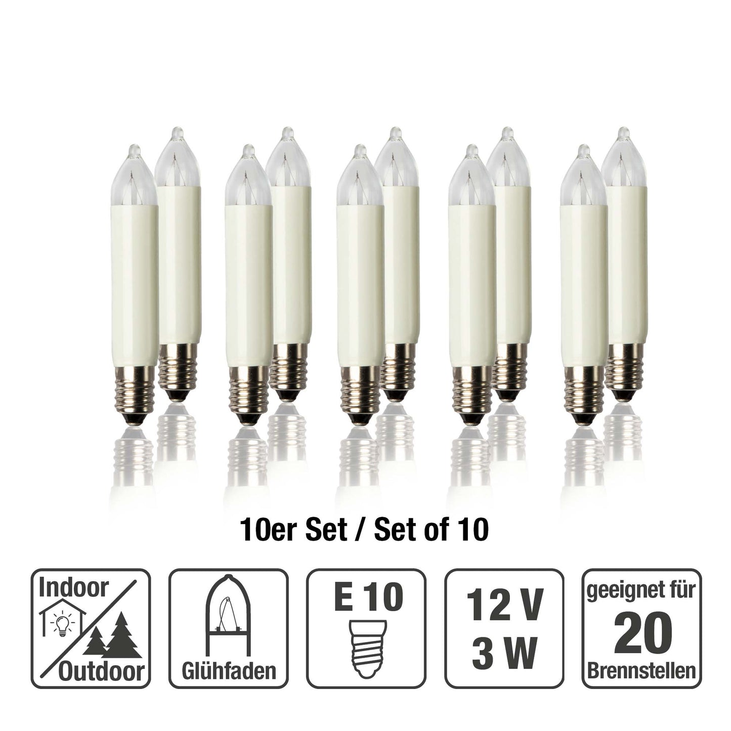 Ersatzkerzen Lichterkette 12V 3W für Lichterketten & Schwibbogen, 10 Stk Kleinschaftkerzen E10 für 20 Brennstellen innen & außen 933048
