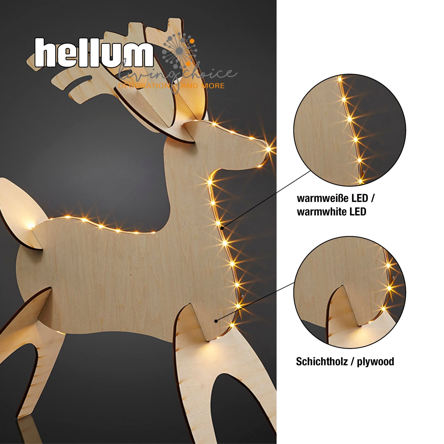 LED-Holz-Rentier, 45 SMD LED, warm-weiß, Innentrafo, zerlegbar, 50x22x69cm