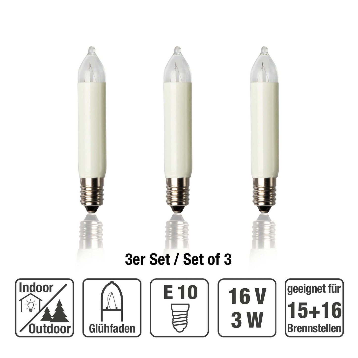 Ersatzkerzen Lichterkette 16V 3W für Lichterketten & Schwibbogen, 3 Stk Kleinschaftkerzen E10 für 15 Brennstellen innen & außen 934038