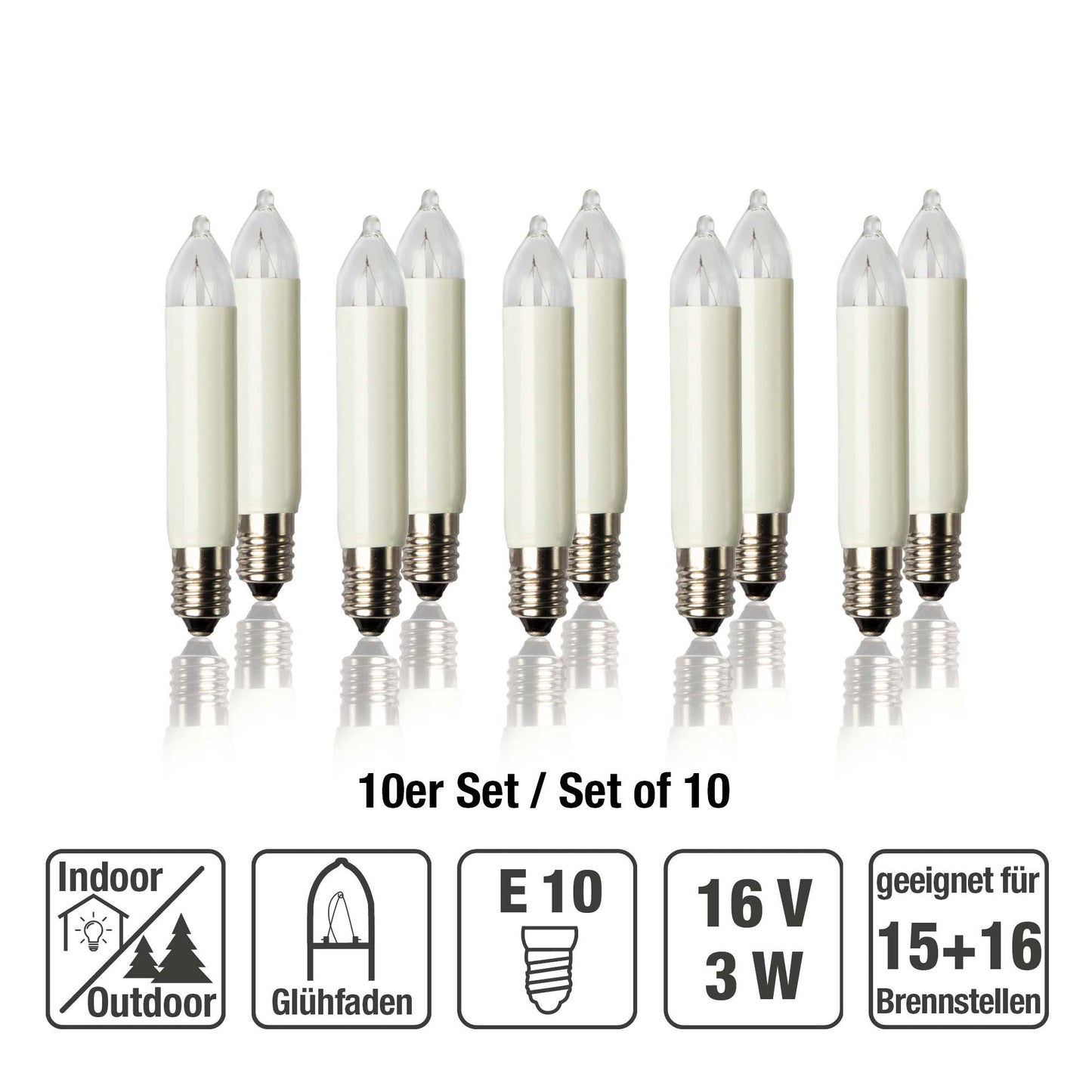 Ersatzkerzen Lichterkette 16V 3W für Lichterketten & Schwibbogen, 10 Stk Kleinschaftkerzen E10 für 15 Brennstellen innen & außen 934045