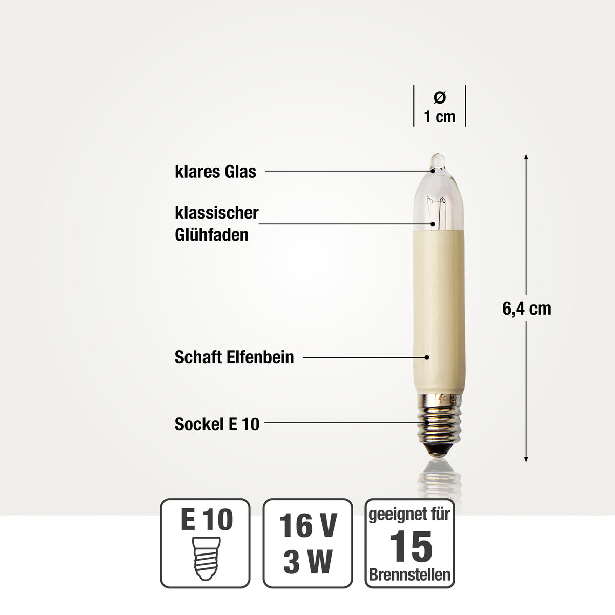 Ersatzkerzen Lichterkette 16V 3W für Lichterketten & Schwibbogen, 10 Stk Kleinschaftkerzen E10 für 15 Brennstellen innen & außen 934045