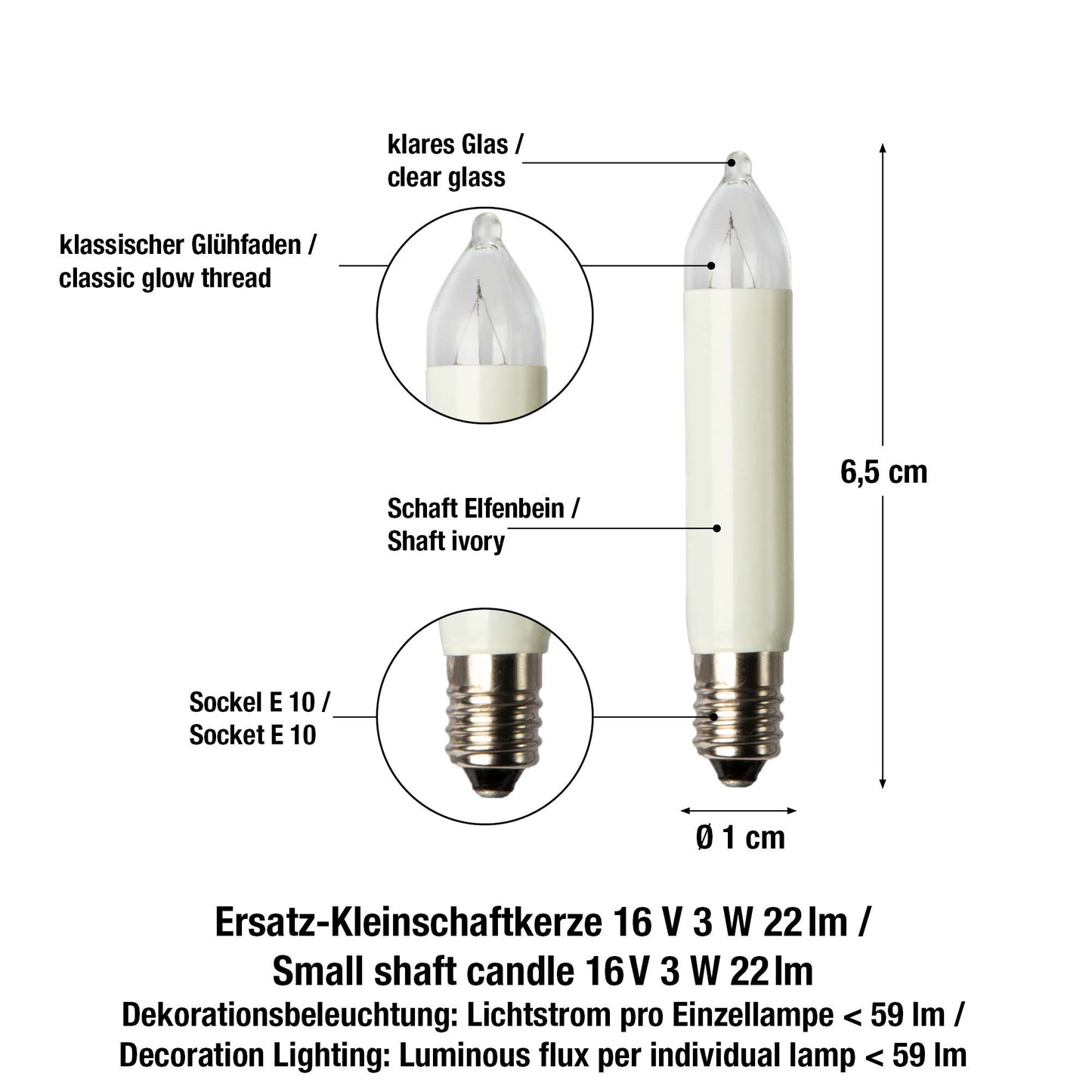 Ersatzkerzen Lichterkette 16V 3W für Lichterketten & Schwibbogen, 10 Stk Kleinschaftkerzen E10 für 15 Brennstellen innen & außen 934045