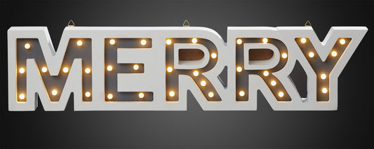 LED-Schrift "Merry", 37 LEDs, ww, mit Timer, batteriebetrieben