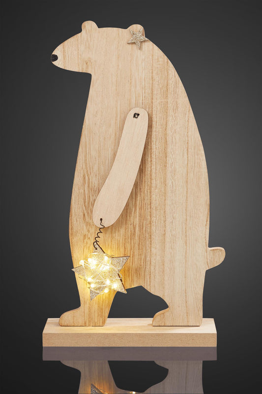 LED-Holz-Bär mit Stern, 5 LEDs ww, mit Timer, H: 36 cm, batteriebetrieben