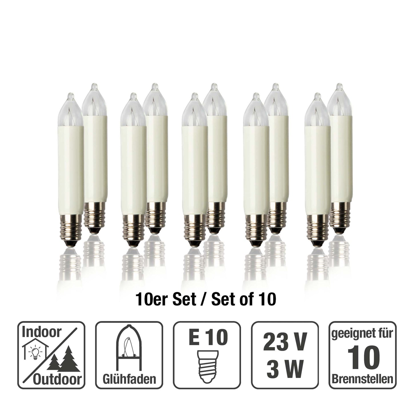 Ersatzkerzen Lichterkette 23V 3W für Lichterketten & Schwibbogen, 10 Stk Kleinschaftkerzen E10 für 10 Brennstellen innen & außen 938012